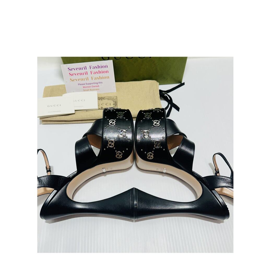 NIB Gucci Janaya Black Platform Slingback Sandals 40.5 US 10.5 GG Studded Heels - Picture 9 of 16